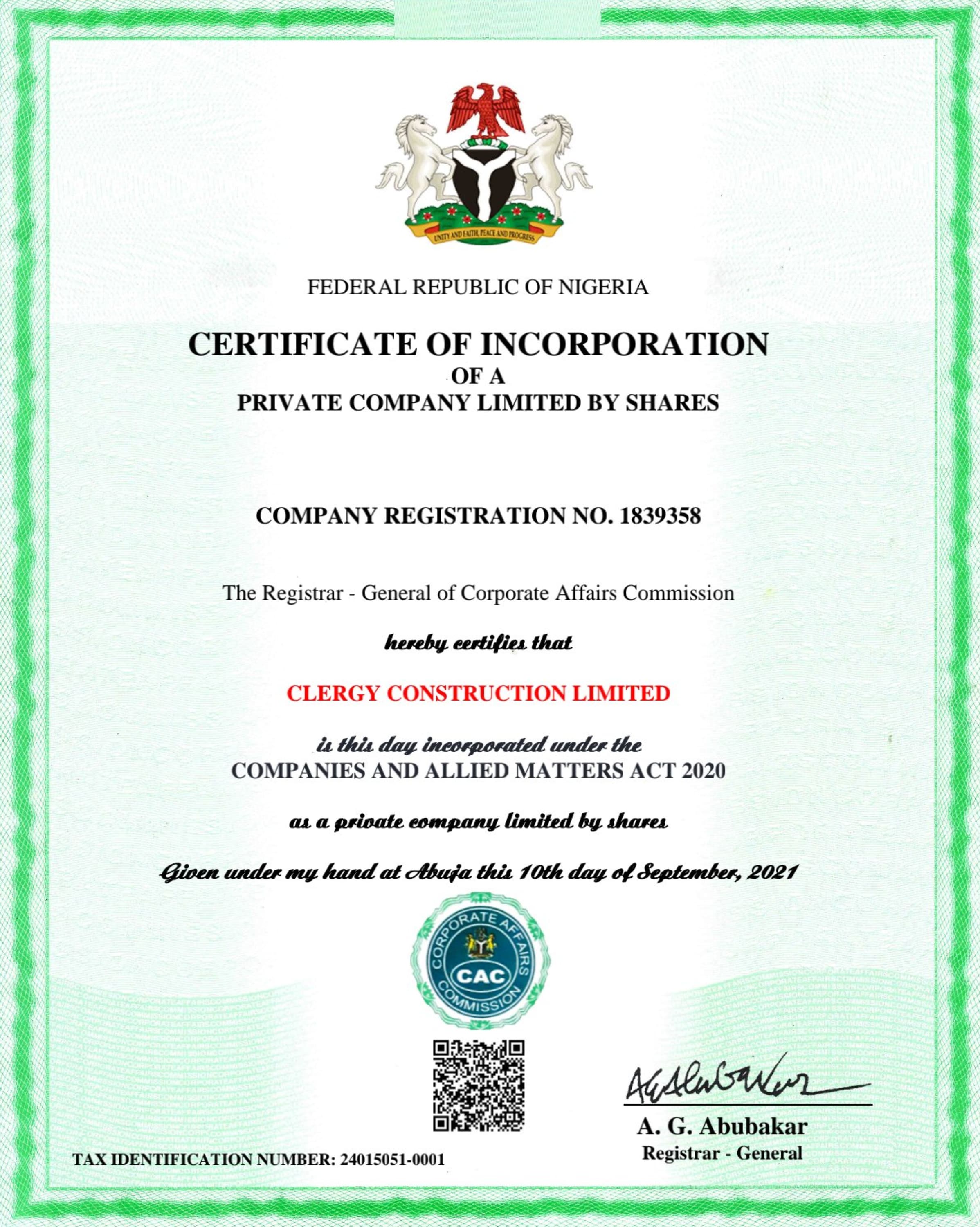 Clergy Construction Limited — CAC Certificate of Incorporation
